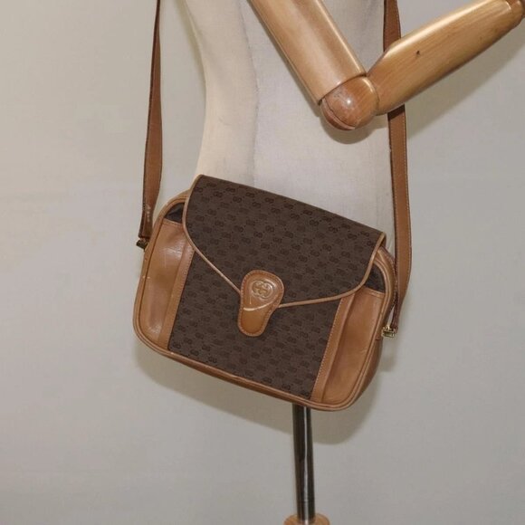 GUCCI Micro GG Canvas Shoulder Bag Brown Gold Auth - Picture 1 of 16